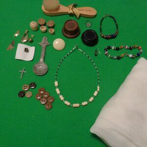 RETRO JEWELRY & PARTS N PIECES BUTTONS TINY STANDS SILK SCARF ETC. LOT